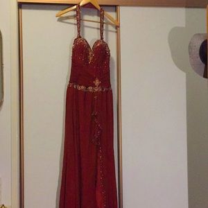 Rust formal dress with detachable neckline